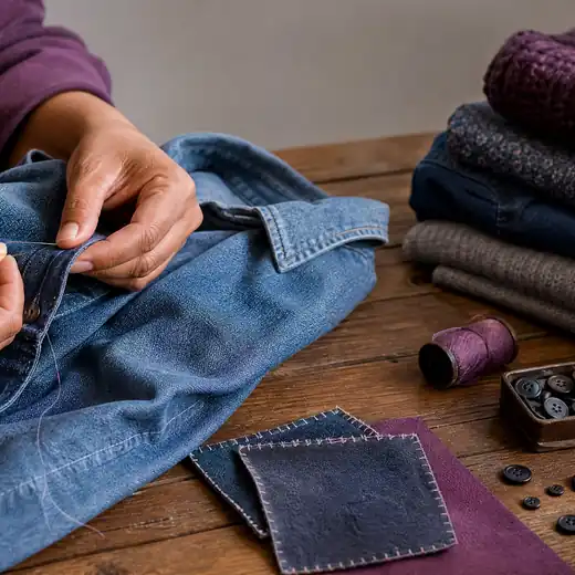 Cena editorial sobre cuidado, reparo e reutilização de roupas